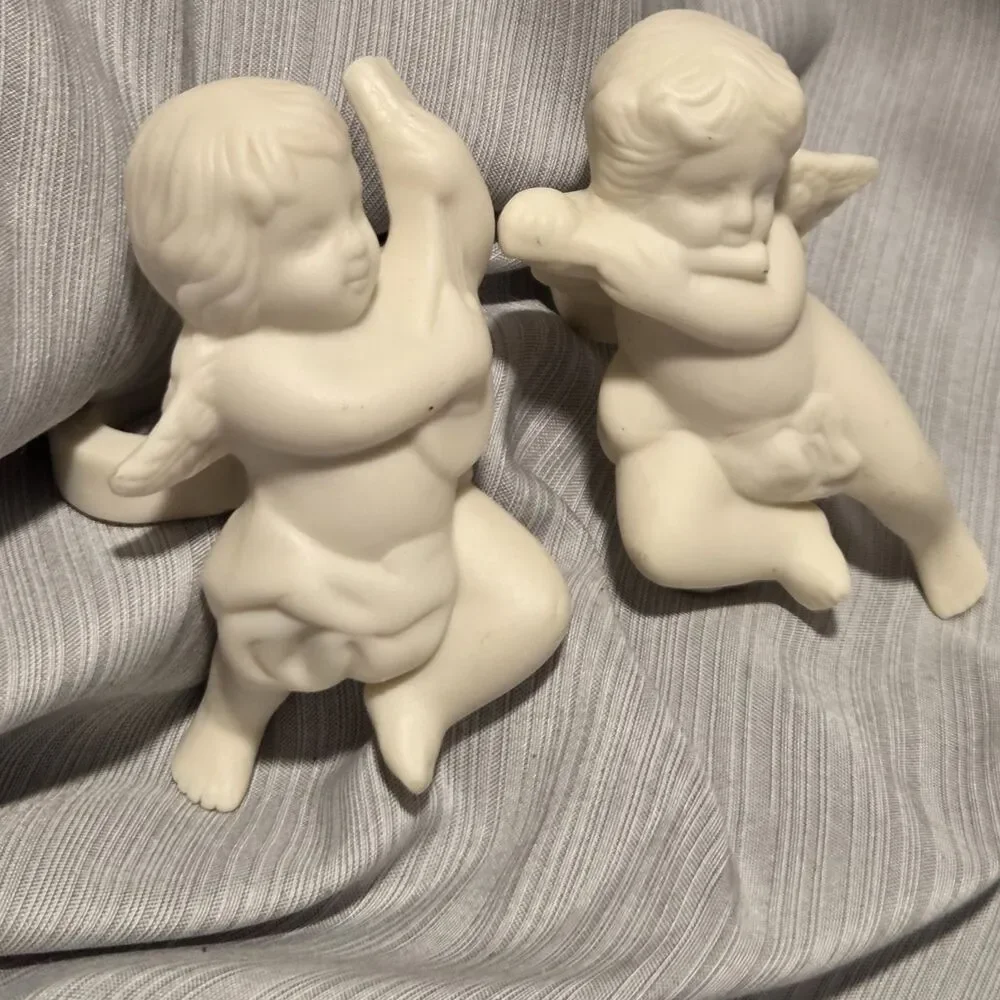 3" Partylite Cherub Candle Taper Huggers White Bisque Set of 2 - Picture 3 of 13